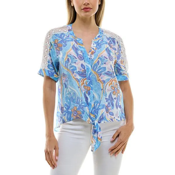 Womens Zac & Rachel Short Sleeve Abstract Floral Tie Front Blouse