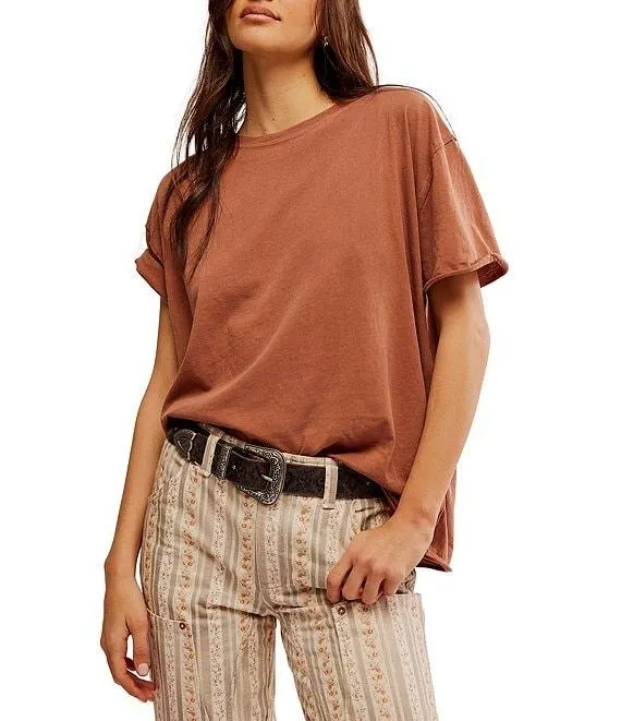 Nina Short Sleeve Raw Edge Crew Neck Boxy Tee Shirt