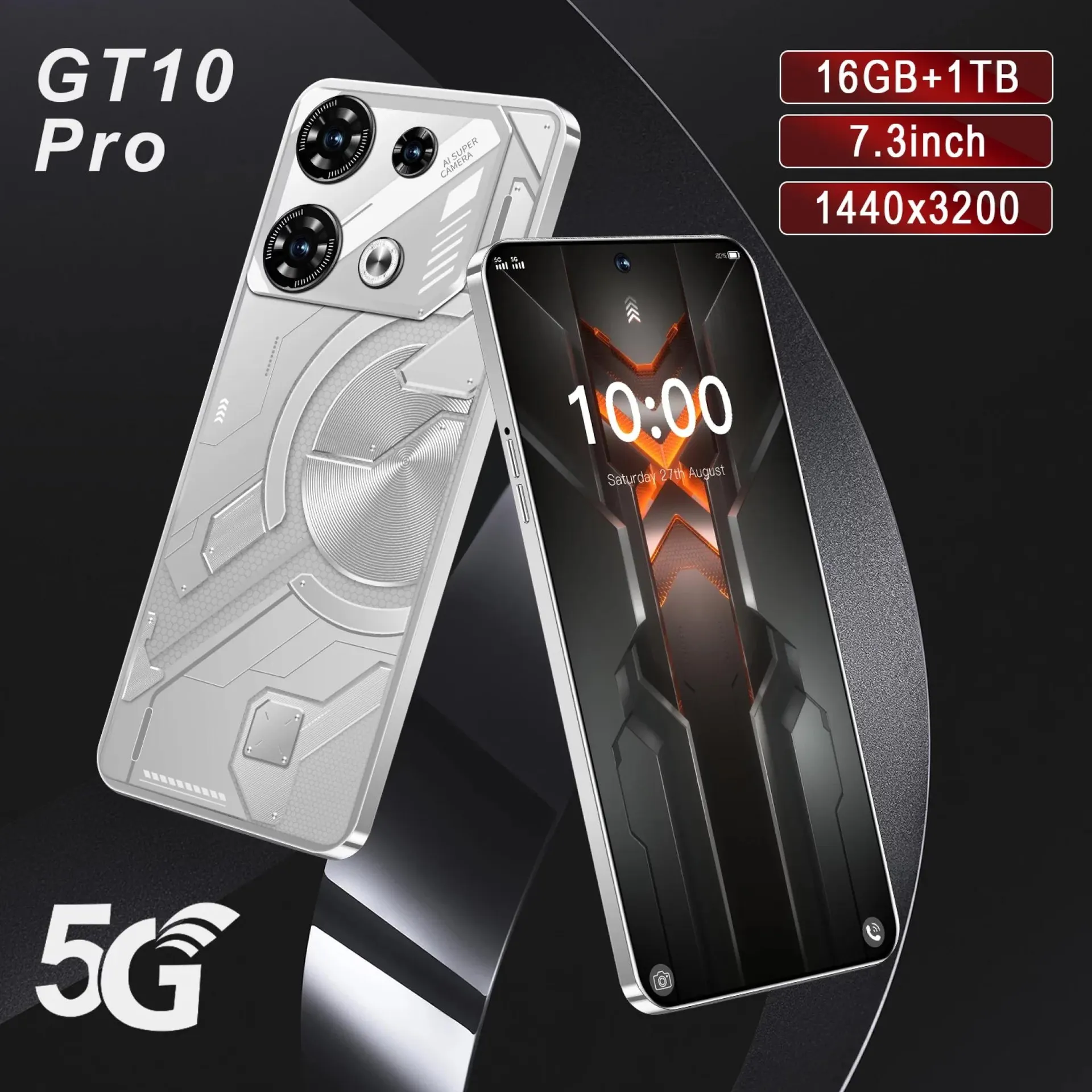Teléfono inteligente GT2025 Pro 10 nuevo, pantalla completa de 7.3 pulgadas, 4G/5G, 16 TB + 1 TB, 6800 mAh, 108 MP, versión global, NFC