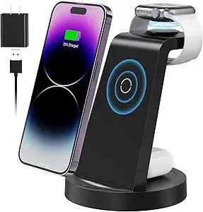 3 in 1 Charging Station for Apple Device, Wireless Charger for iPhone 16e 16 15 14 13 12 11 Pro Max & Apple Watch iwatch- Charging Stand Dock for AirPods