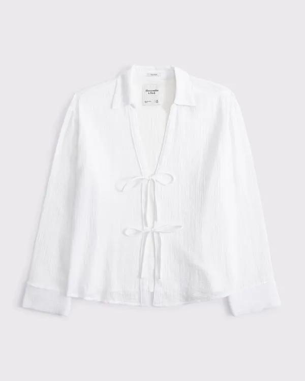 Long-Sleeve Oversized Tie-Front Gauzy Shirt