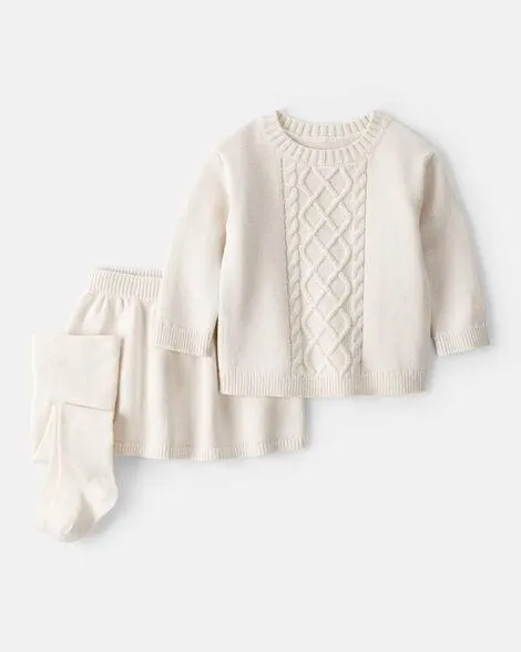 Baby Girl 3-Piece Cableknit Long-Sleeve Top & Skirt Set - Cream