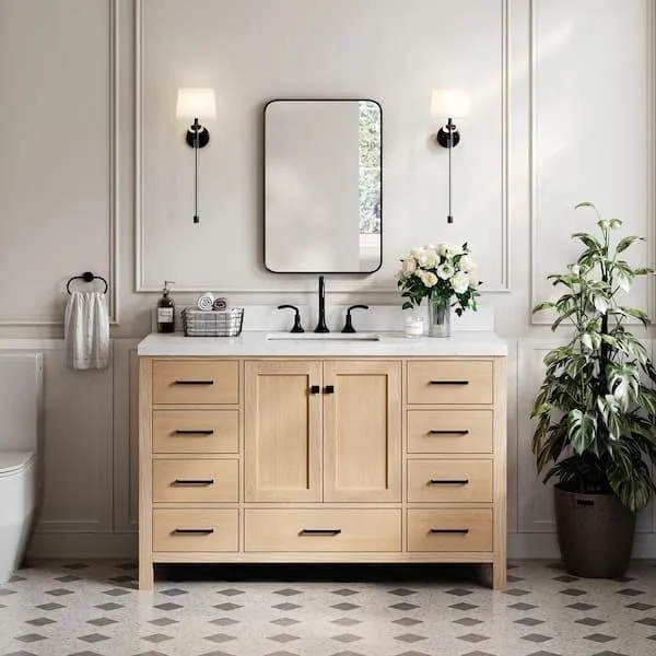 Cambridge 54 in. W x 22 in. D x 36 in. H Single Rectangle Sink Bath Vanity in Oak with Carrara White Quartz Top