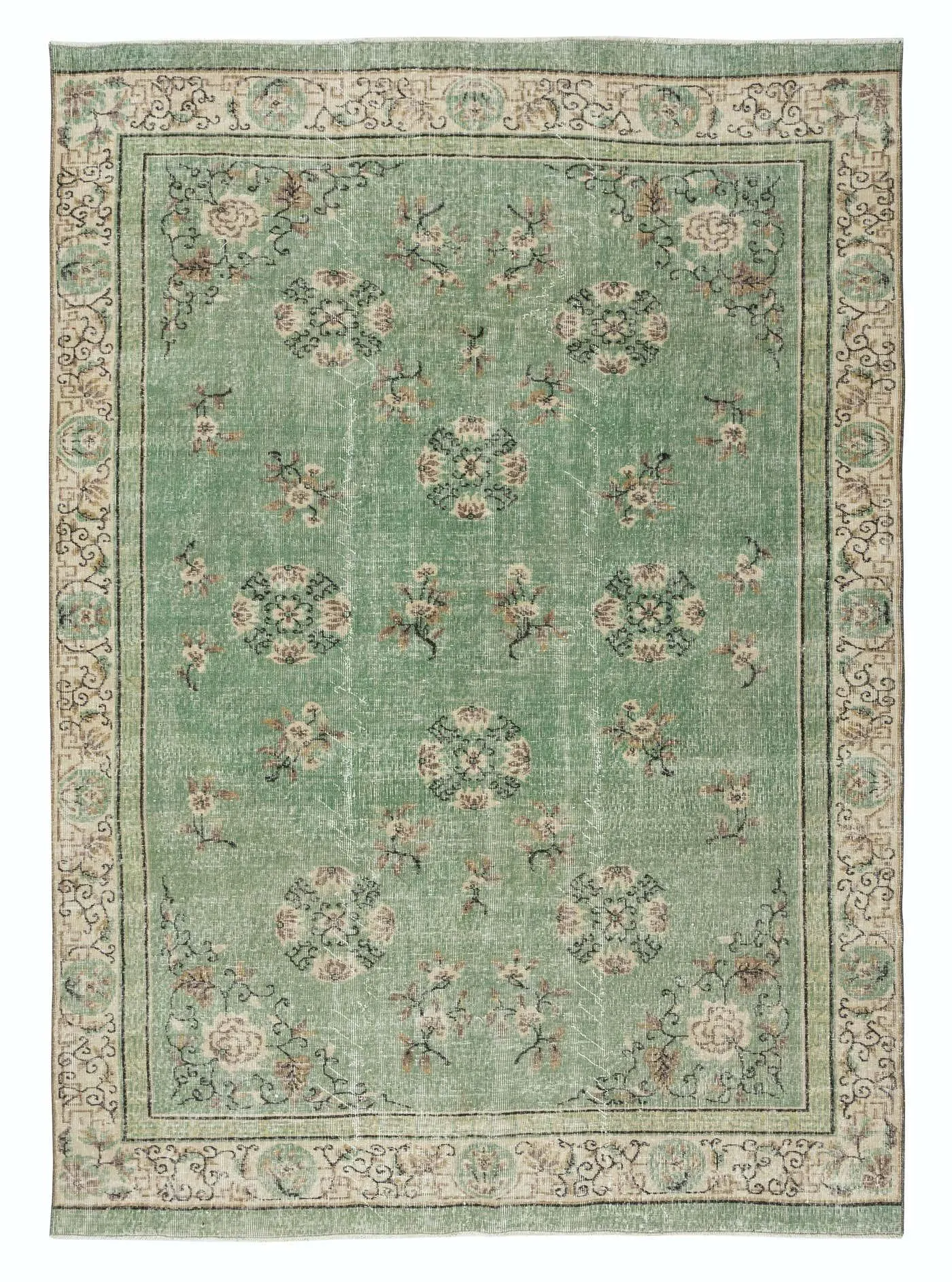 7x10 Ft Vintage Handknotted Turkish Wool Rug. Chinese Art Deco Inspired, Green