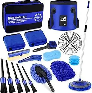 21Pcs Car Wash Kit,62" Car Wash Brush Mop with Long Handle,Car Cleaning Kit,Car Detailing Brush Set,Car Wash Bucket with Filter,Windshield Window Squeegee for Cars RV Truck Boat