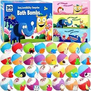 Bath Bombs for Kids with Toys Inside, 30 Pack Kids Bath Bombs Gift Set with 30 Sea & Land & Sky Animal Surprise Toy, Natural Organic Bubble Bath Toys for Kid, Birthday Gifts for Girls Boys