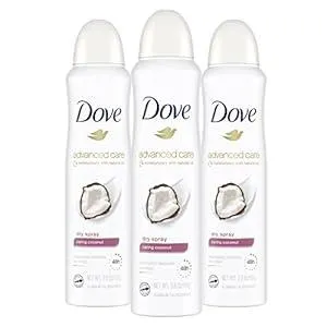 Dove Advanced Care Dry Spray Antiperspirant Deodorant Caring Coconut 3 Count For Women With 48 Hour Protection Soft And Comfortable Underarms 3.8 oz