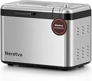 Neretva Bread Maker, 3.3LB Larger Bread Machine 15-in-1 Stainless Steel & Nonstick Ceramic Pan & Auto Nut Dispenser Breadmaker Machines Full Touch Panel with Gluten Free White Wheat Rye French Pizza