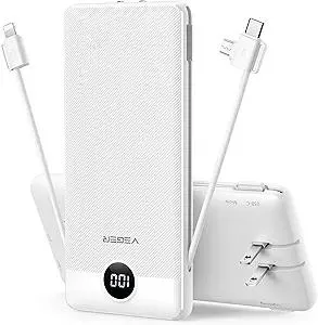 VEGER Portable Charger for iPhone Built in Cables and Wall Plug, 10000mah Slim Fast Charging USB C Power Bank, Travel Essential Battery Pack Compatible with iPhones, iPad, Samsung More Devices(White)
