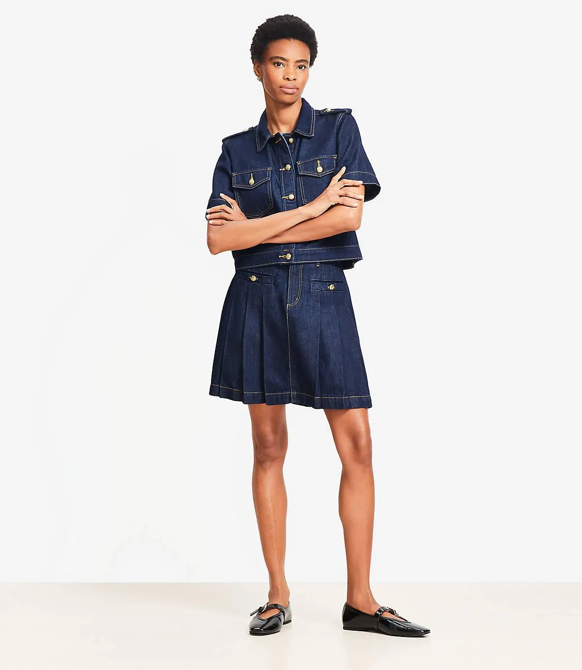 Pleated Denim Mini Skirt in Classic Rinse Wash