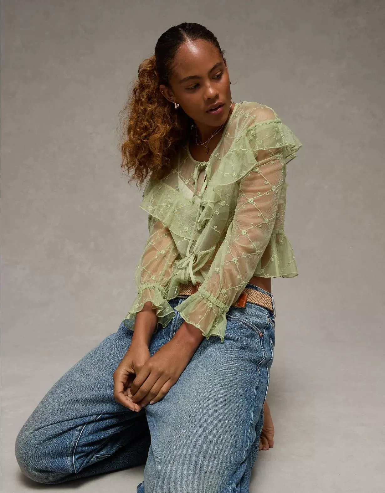 AE Embroidered Tie-Front Mesh Blouse