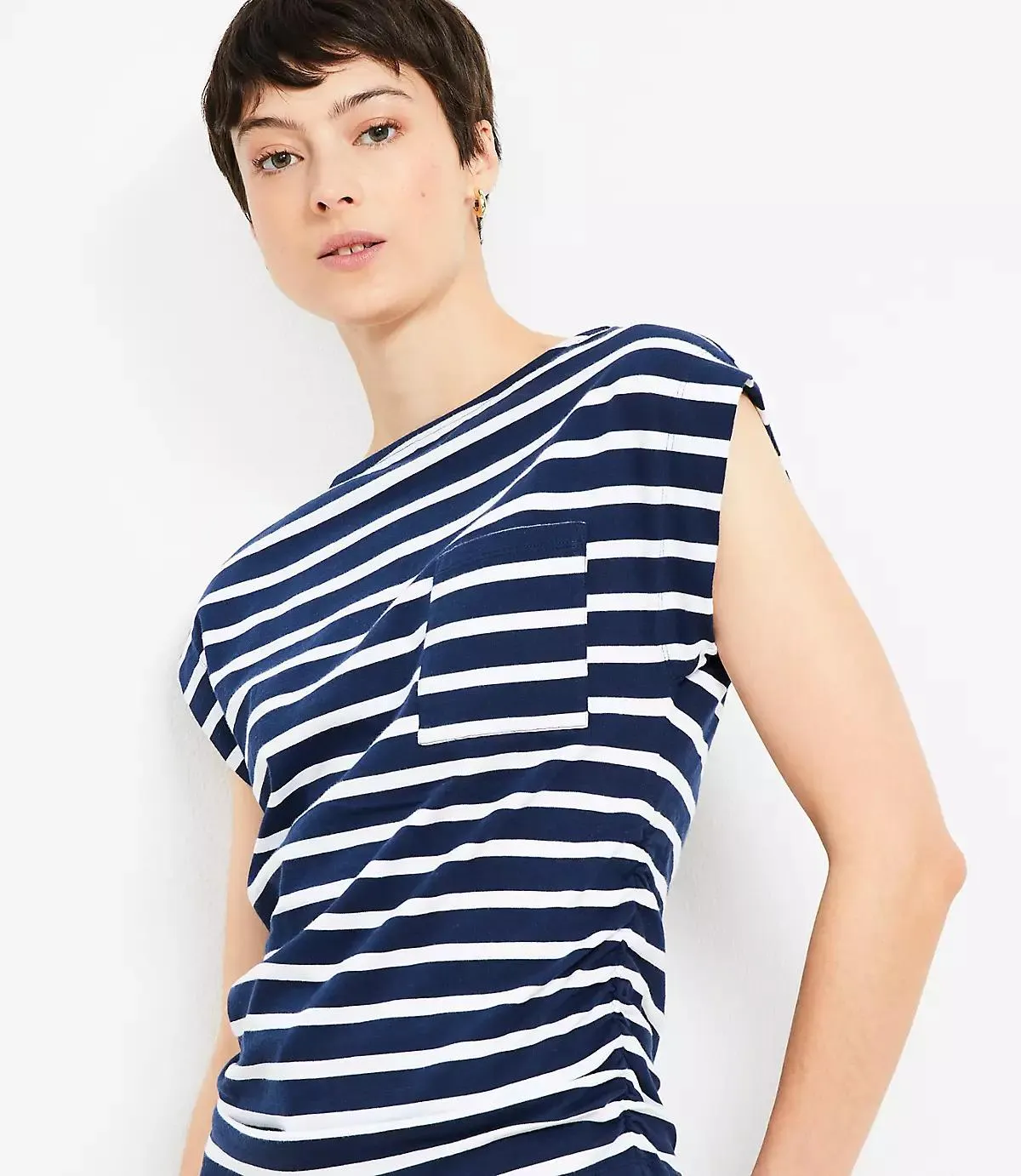 Stripe Ruched Boatneck Pocket Tee