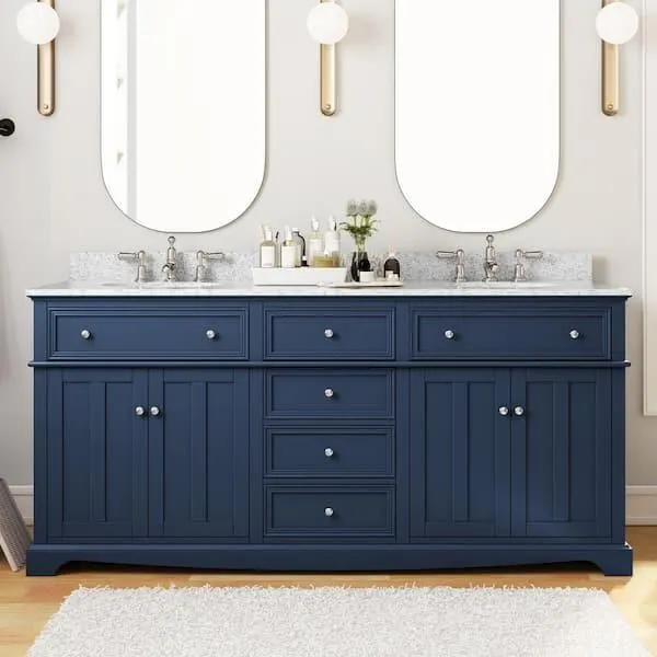 Fremont 72 in. Double Sink Freestanding Navy Blue Bath Vanity with Grey Granite Top (Assembled)