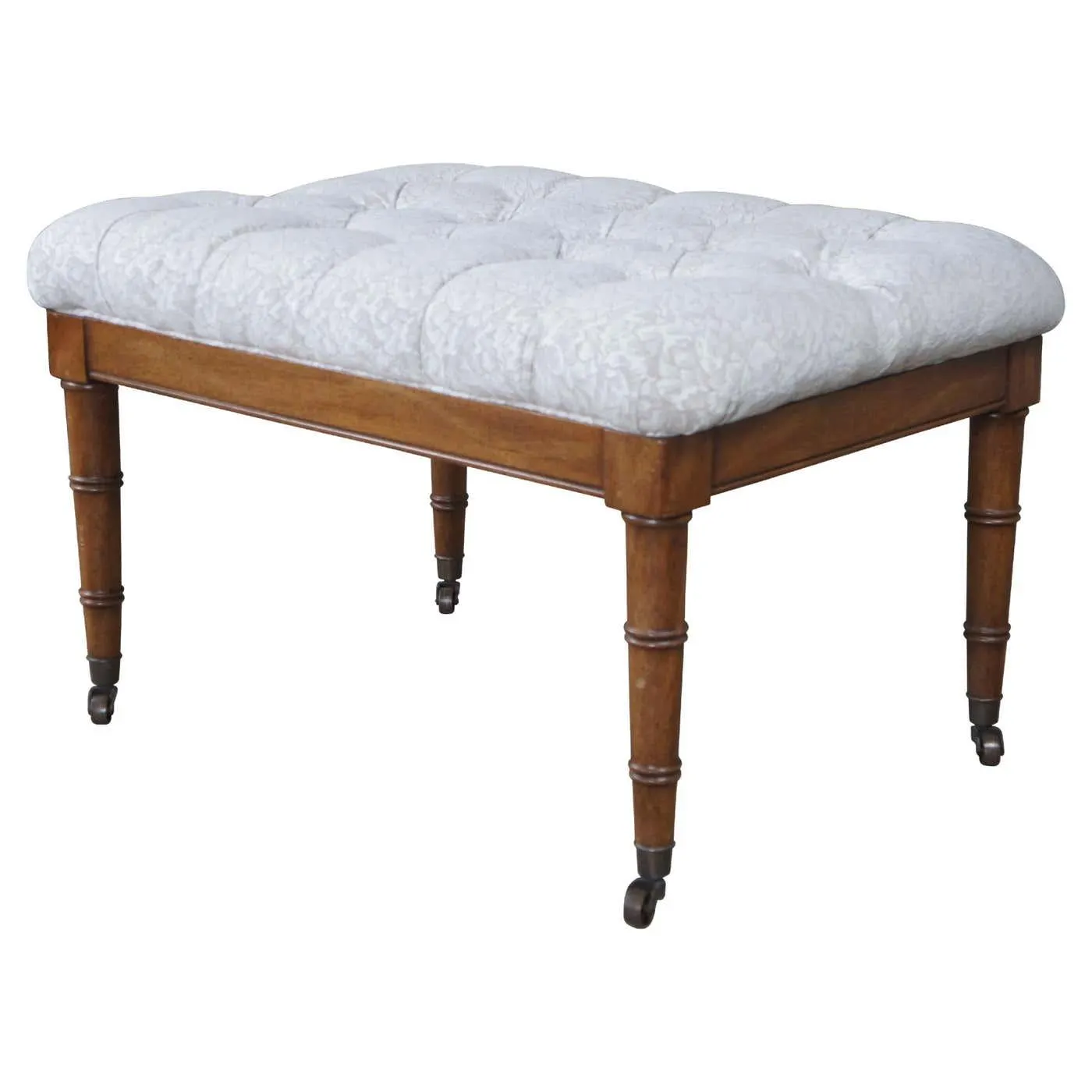Vintage British Colonial Style Mahogany Upholstered & Tufted Foot Stool Ottoman
