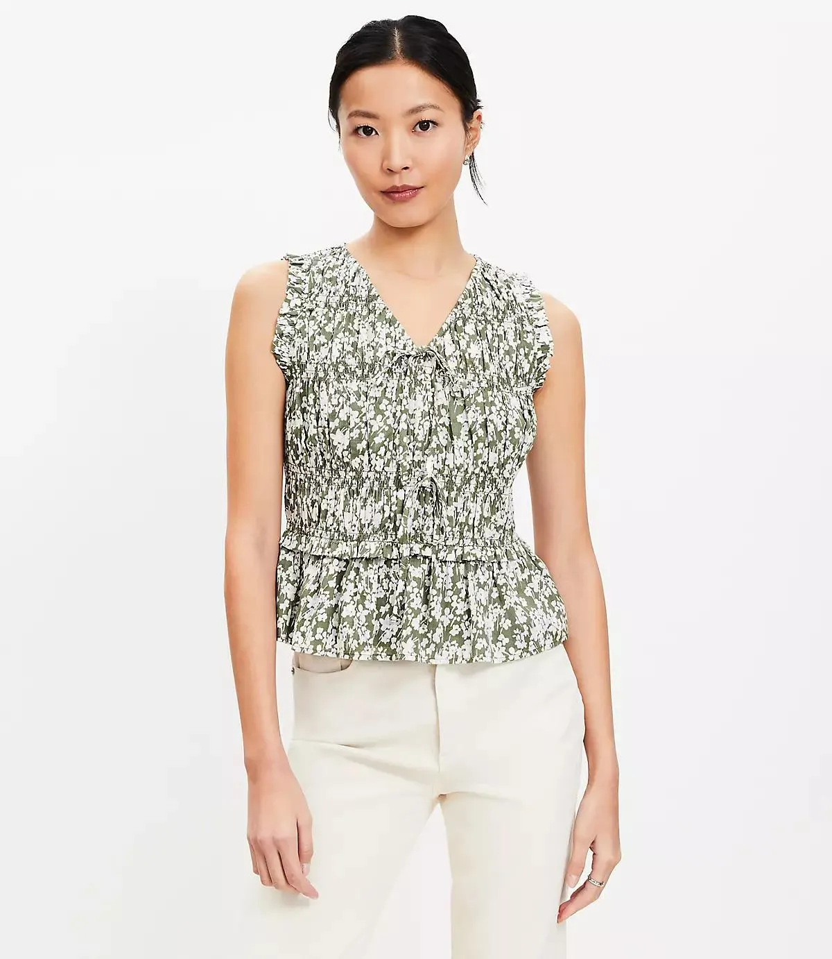 Floral Tie Smocked Peplum Shell