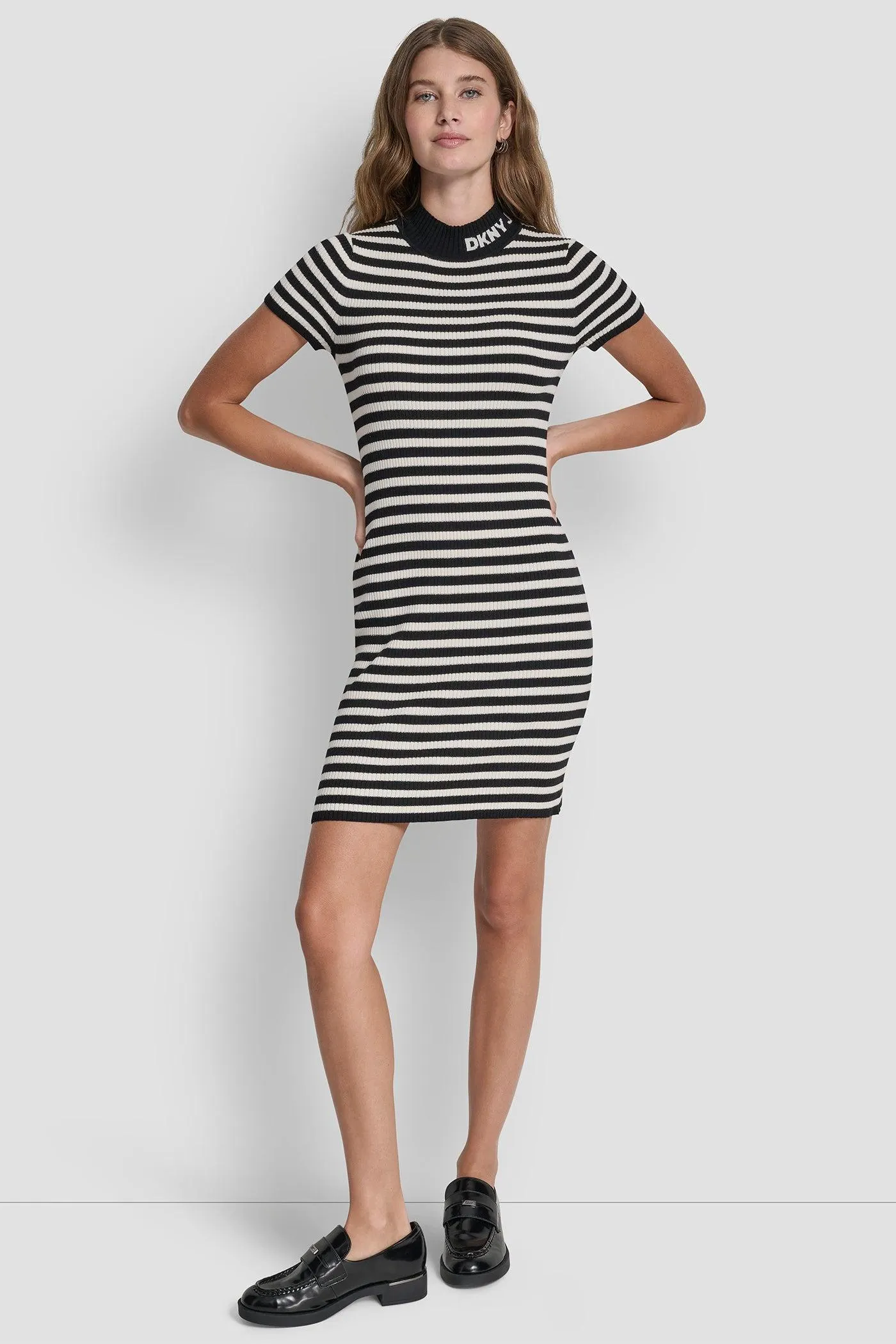 LUREX STRIPE MOCK NECK LOGO DRESS