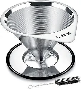 LHS Pour Over Coffee Dripper Stainless Steel Coffee Filter Metal Cone Filter Paperless Reusable Coffee Filter Single Cup Coffee Maker 1-2 Cup With Non-slip Cup Stand and Cleaning Brush