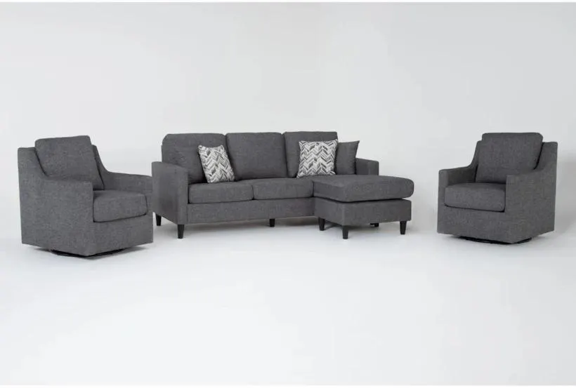 Stark Dark Grey Fabric Sofa with Reversible Chaise & 2 Dark Grey Fabric Swivel Armchairs | 2 Piece