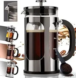 BAYKA French Press Coffee Maker 34 Ounce 1 Liter, Borosilicate Glass Stainless Steel Brewer, Large Portable Cold Brew Cafetera Teapot for Kitchen Travel Camping Coffee Bar Accessories, Dark Pewter