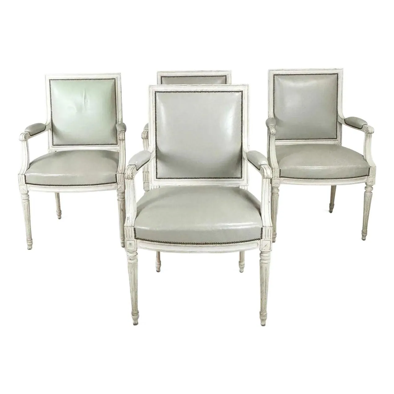 Vintage Set of 4 Louis XVI Painted Fauteuils in Dove Grey Leather