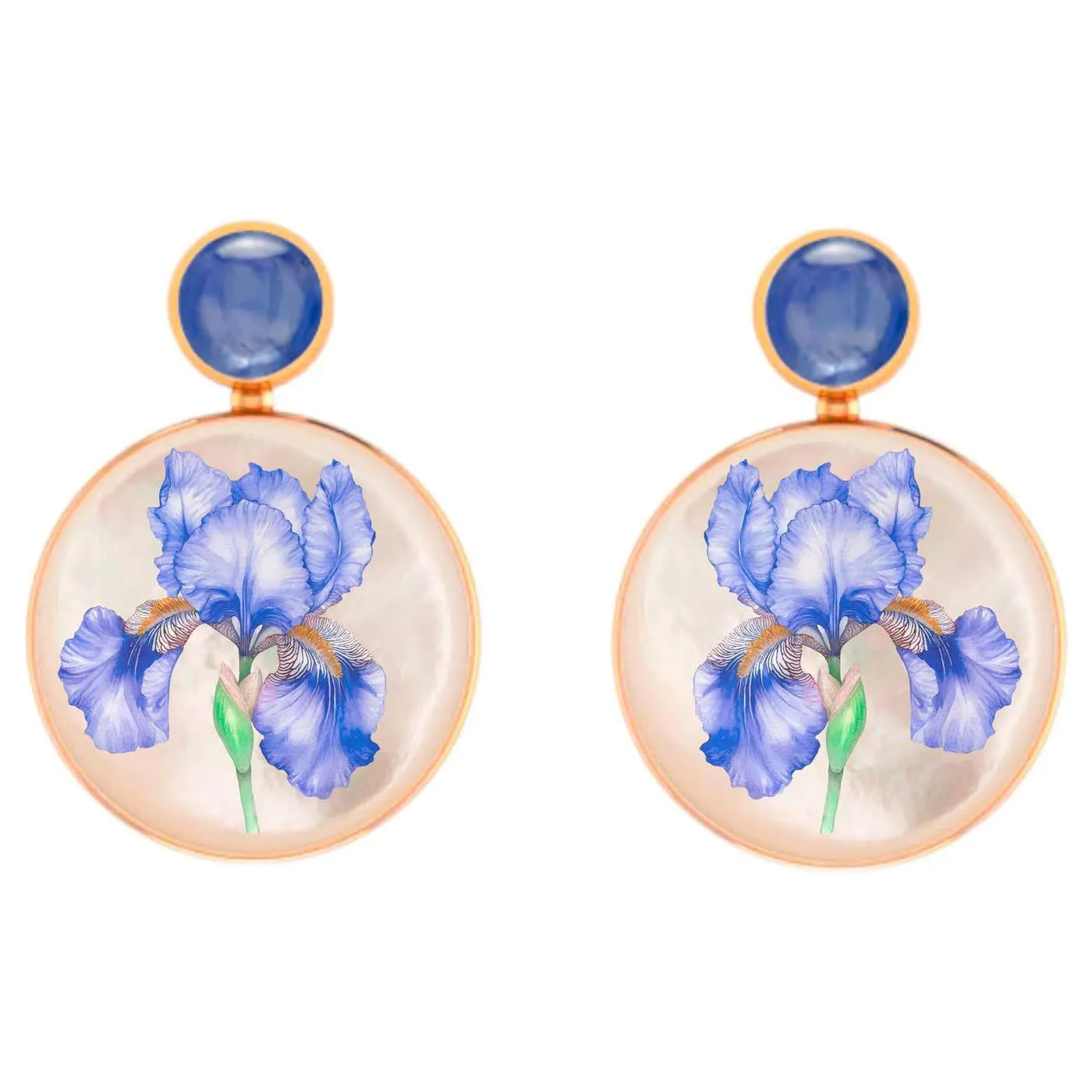 Mother Of Pearl Shell Stud Earrings, sapphire and iris flower painting.