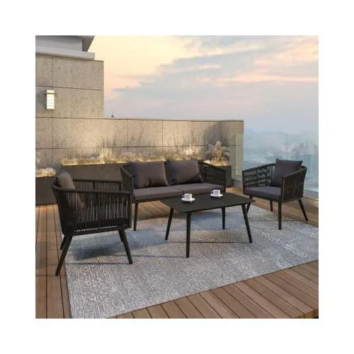 Kierra Black All Weather 4 Piece Woven Conversation Set with Gray Zippered Removable Cushions & Metal Coffee Table