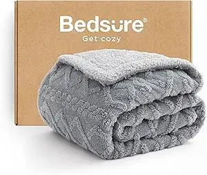 Bedsure Gentlesoft Sherpa Fleece Blanket Twin Size for Bed - Fluffy & Cozy Cable Jacquard Tufted for Women Gift, Thick and Warm Christmas Blanket for Winter, Grey, 60x80 Inches