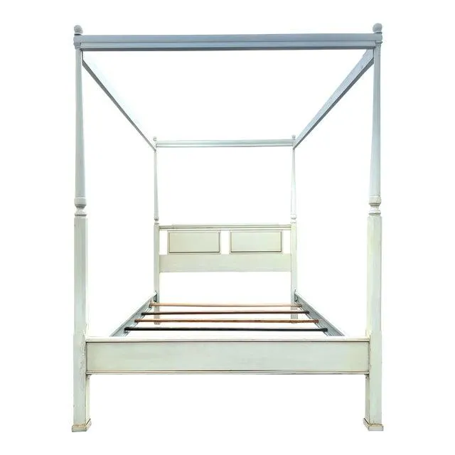 Vintage Full Size Lexington Tester Canopy Bed in Antique White and Gold Finish