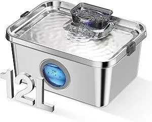 Dog Water Fountain, 3 Gallons Stainless Steel Dog & Cat Water Fountain, Large Pet Water Fountain for Multiple Pets, Ultra Silent, Wide Tray, Safety Lock, 3 Filters Included, Smart Water Pump