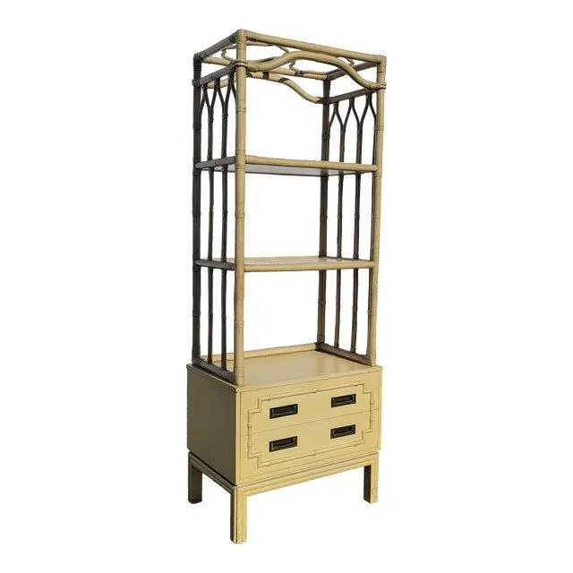 Vintage Mid Century Chinoiserie Asian Yellow Etagere Bamboo Rattan Bookcase