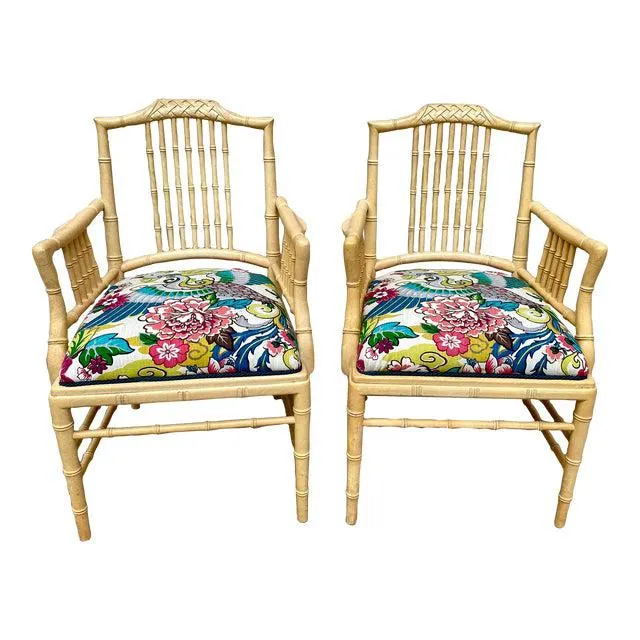 Vintage Faux Bamboo Arm Chairs With Birds - a Pair