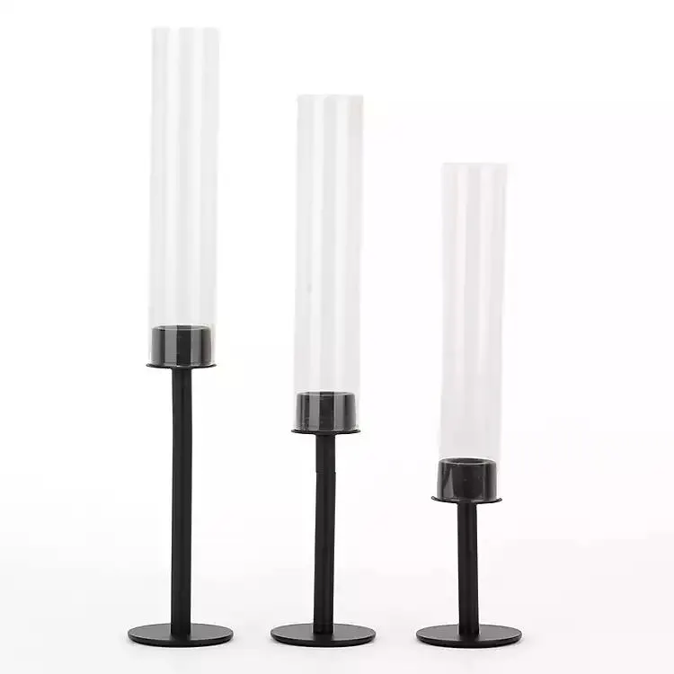 Glass & Black Metal Taper Candle Holders, Set of 3