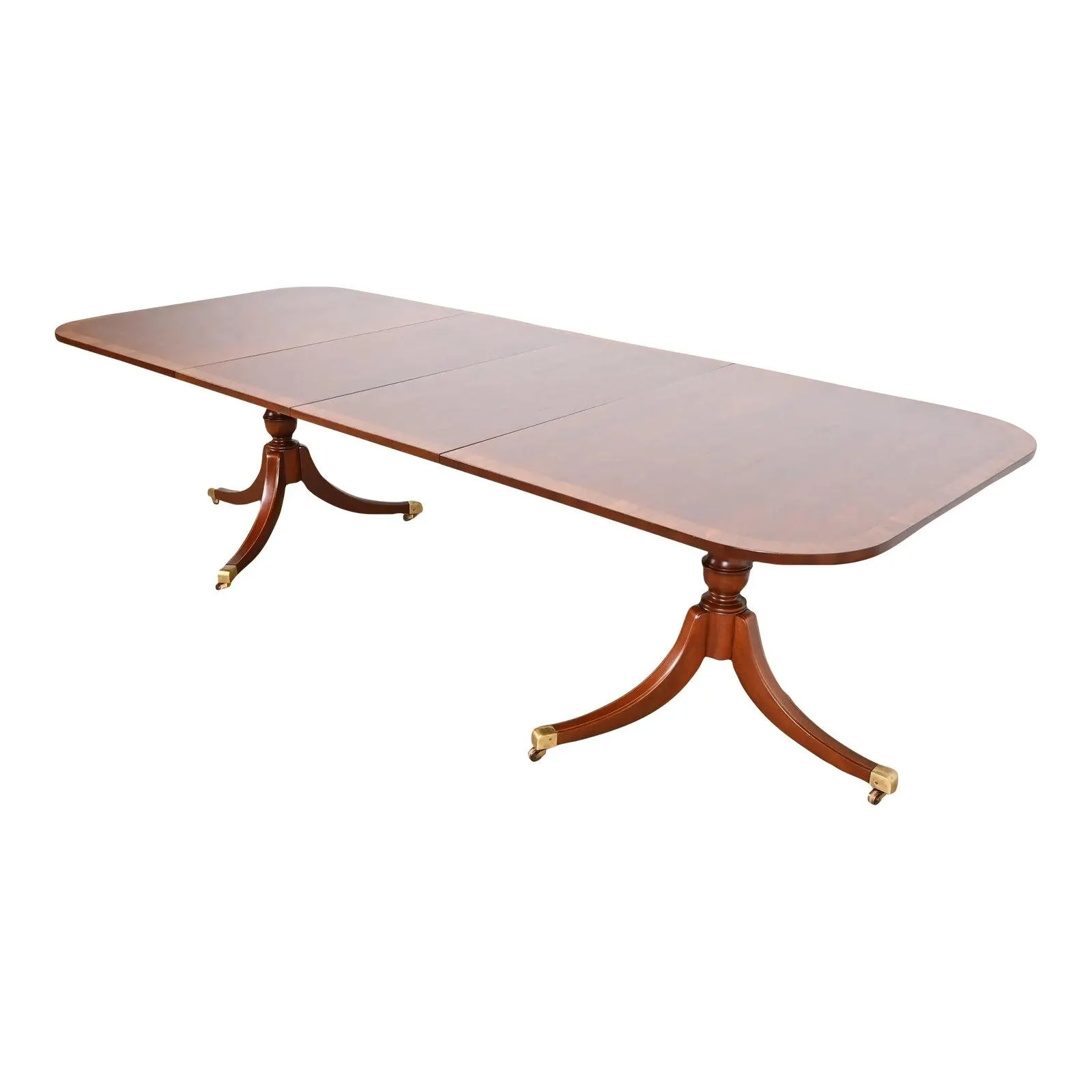Baker Furniture Style Georgian Banded Mahogany Double Pedestal Extension Dining Table, Newly Refinished