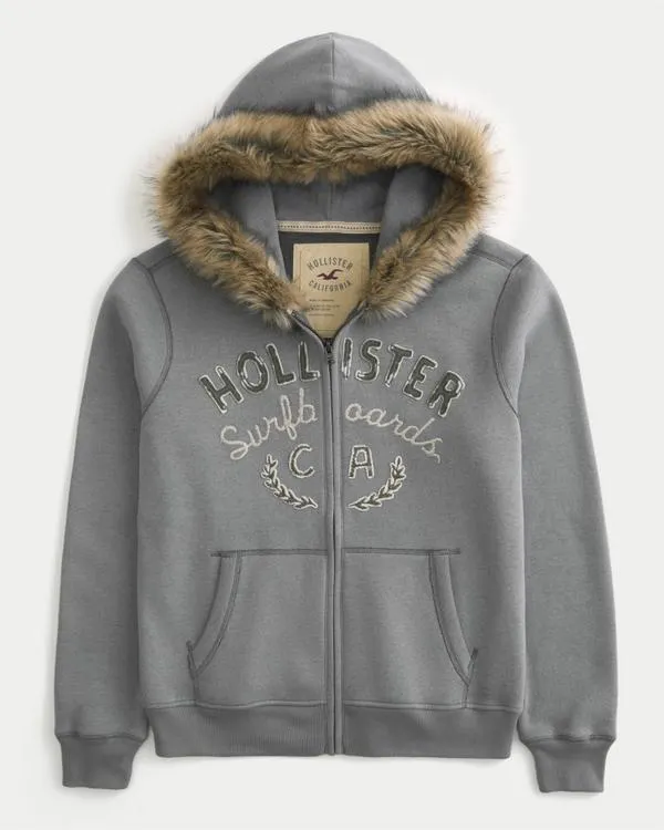 Faux Fur Trim Zip-Up Logo Graphic Hoodie