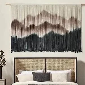 IOWER Macrame Wall Hanging 57" W x 35" L Brown Mountain Dip-Dyed Macrame Wall Decor Large Modern Fiber Art Boho Wall Decor