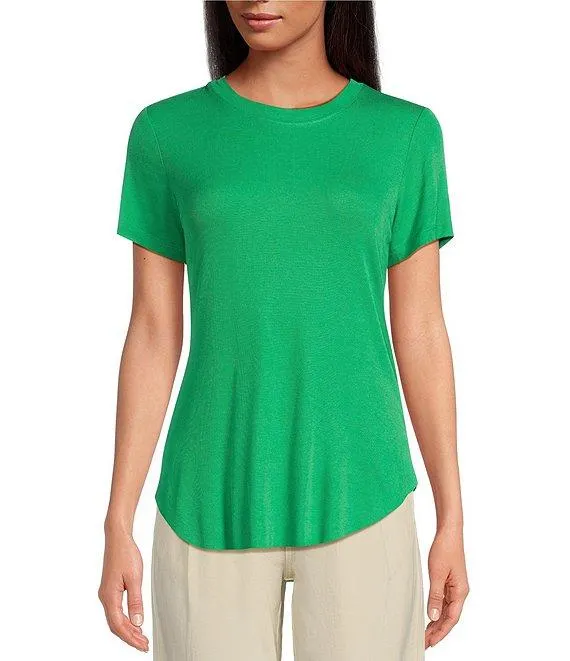 Crew Neck Ribbed Short Sleeve Shirttail Hem Tee Shirt