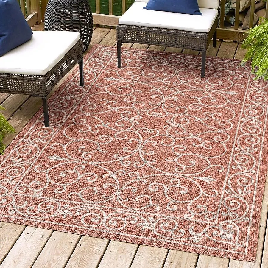JONATHAN Y Santa Monica Charleston Filigree Textured Weave 8 x 10 (ft) Loomed Polypropylene Red/Beige Rectangular Indoor/Outdoor Border Coastal Area rug