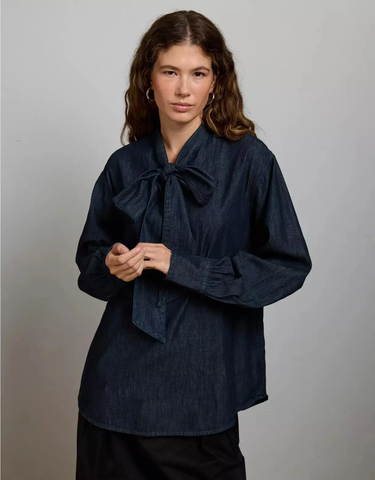 AE77 Premium Denim Bow Blouse
