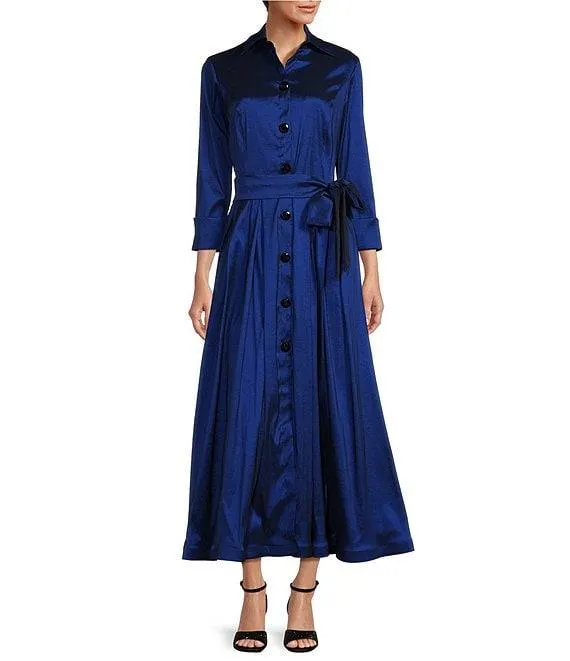 3/4 Sleeve Point Collar Neck Tie Waist Taffeta Midi A-Line Dress