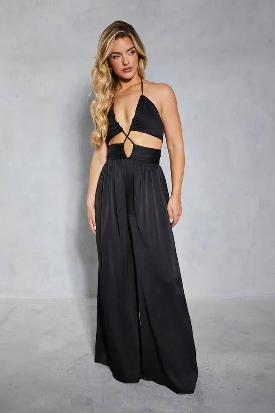 Textured Satin Strappy Cut Out Jumpsuit