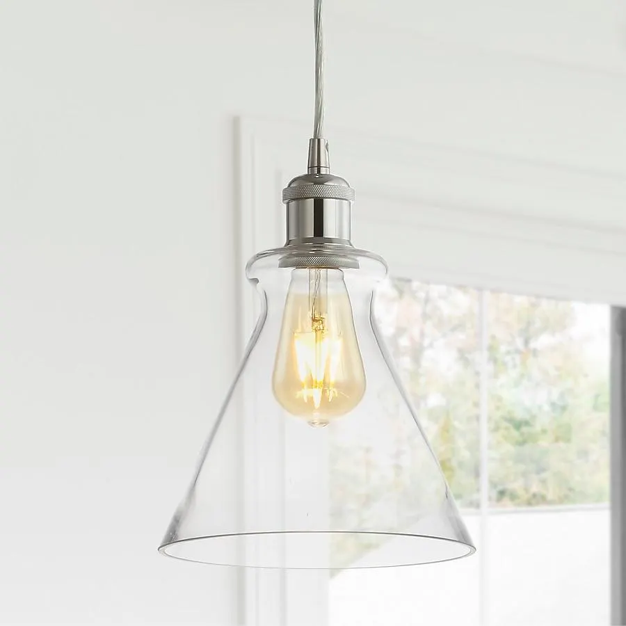 JONATHAN Y Goldwater 7.5" Adjustable Drop Metal/Glass Classic 1 -Light Chrome Traditional Clear glass Cone Mini Hanging Kitchen island light