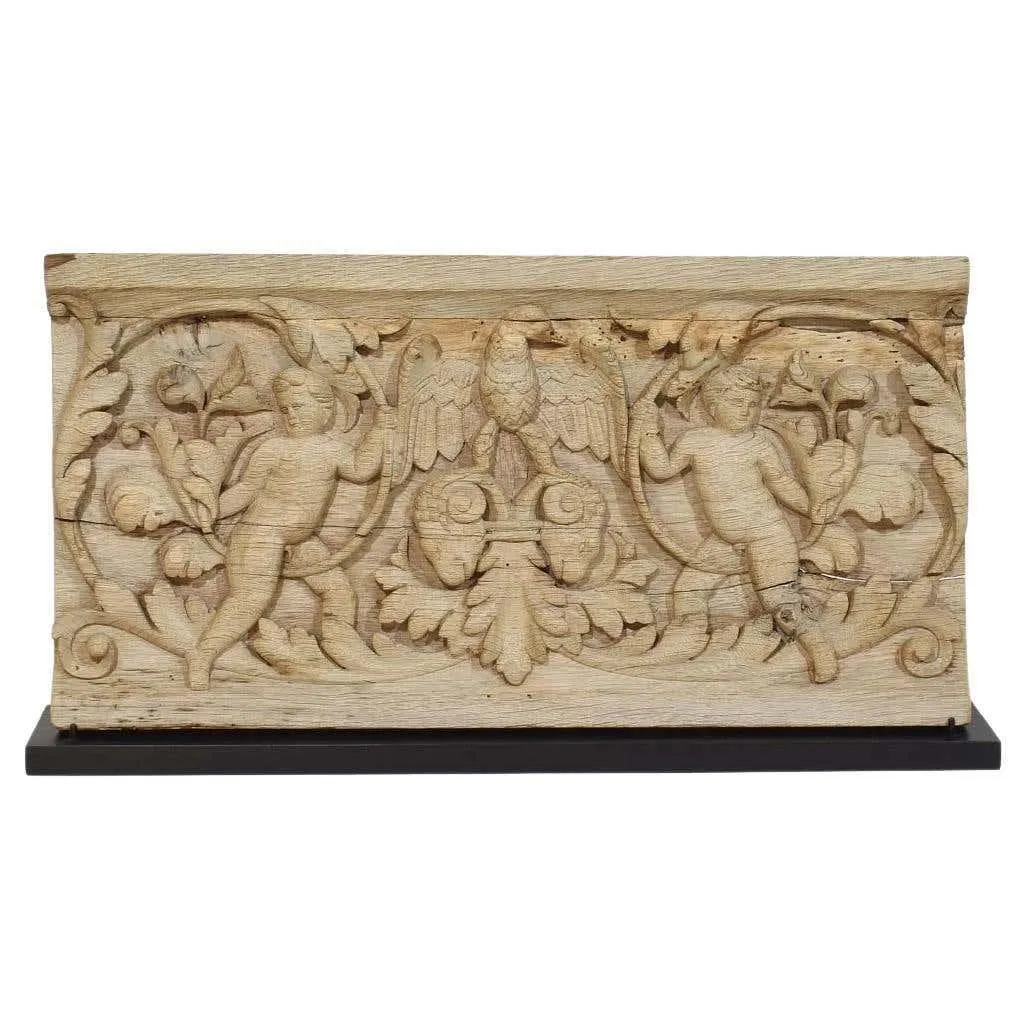 18th Century French Carved Oak Panel Depicting Two Angels And An Eagle