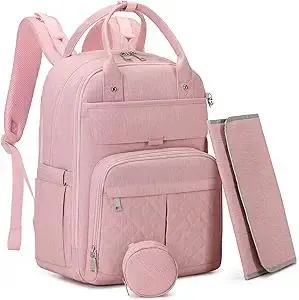 MOONBABY Diaper Bag Backpack, Baby Diaper Bags with Portable Changing Pad and Pacifier Case, Multifunctional Travel Diaper Backpacks, Unisex Baby Bags, Pink