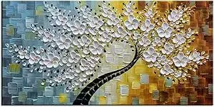 YaSheng Art-Handmade White Flower Contemporary Art Oil Painting On Canvas 3D Texture Abstract Tree Paintings Modern Home Bedroom, Dining Room, Wall Art Decor Ready to Hang20x40inch