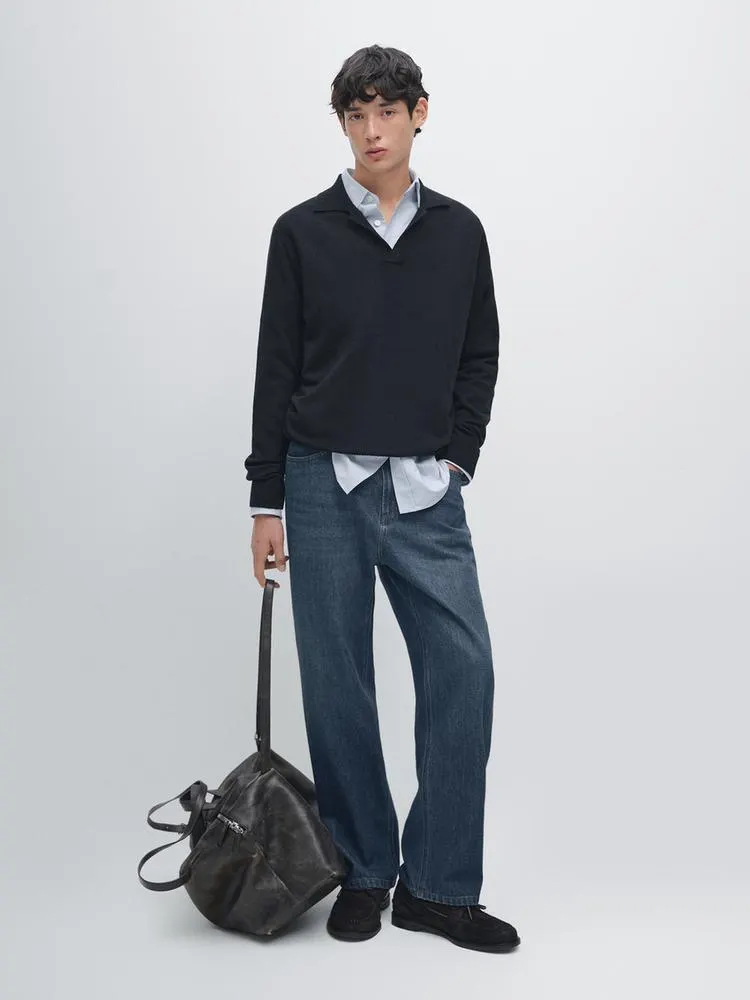 Wool V-neck knit polo sweater