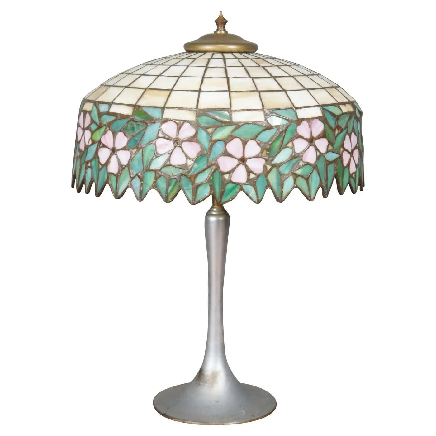 Antique Tiffany Style Stained Art Glass Pink Floral Leaded Slag Table Lamp 23"