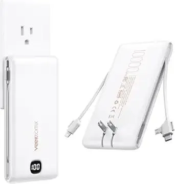 VEEKTOMX Portable Charger with Built in Cables 10000mAh, Power Bank for iPhone with Wall Plug, Travel Essential Fast Charging USB C Slim External Battery Pack for iPhone 17/16/15, Samsung, iPad, etc