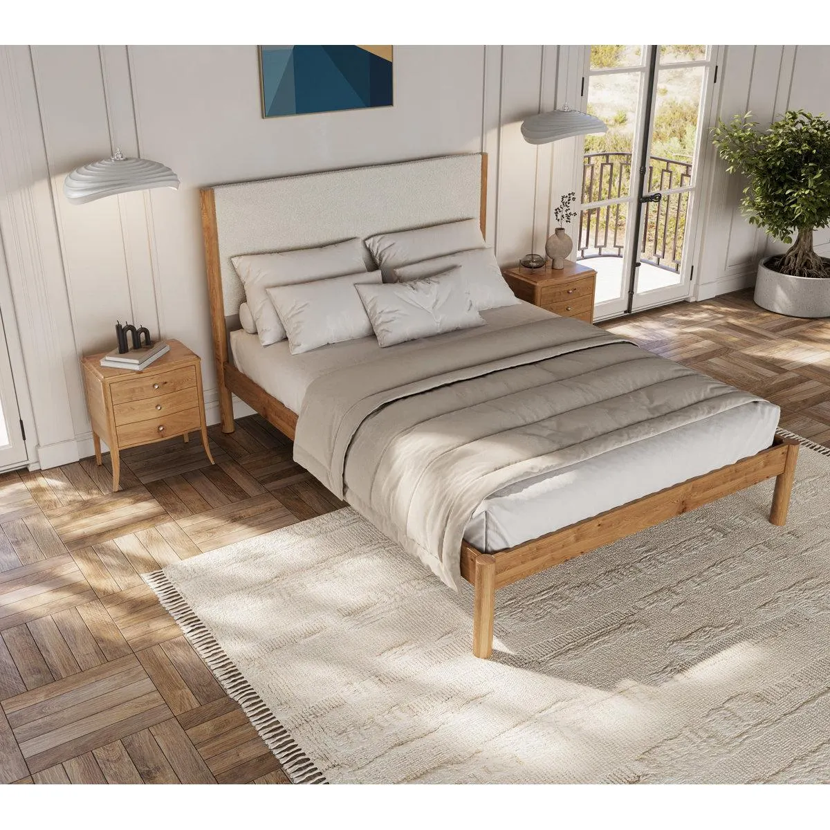 Ardin Solid Wood Bed Frame With Cream Boucle Upholstered Headboard