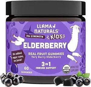 Llama Naturals Elderberry Gummies for Kids, Vegan, Organic Immune Support Supplement with Vitamin C and Zinc, Toddler Real Fruit Gummy Vitamins for Immunity, Chewable, No Added Sugar Cane, 60 Ct