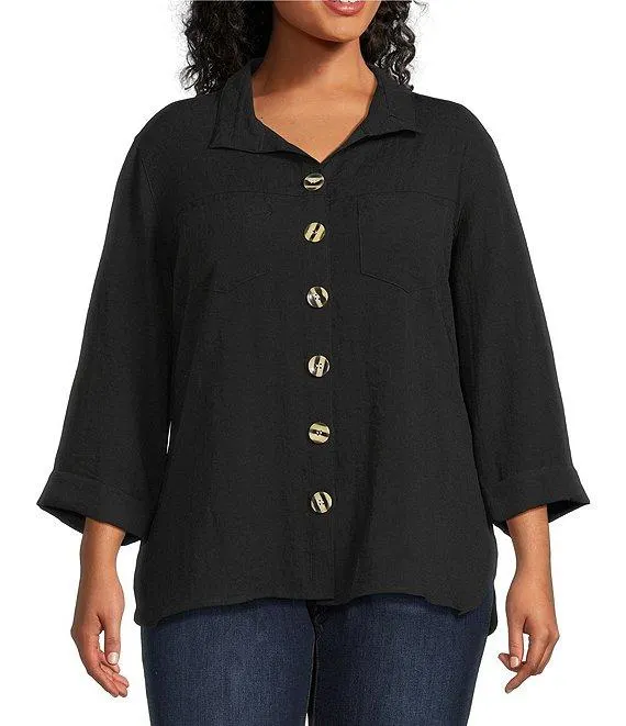 Plus Size Solid Woven Wire Collared Button Front 3/4 Sleeve Camp Shirt